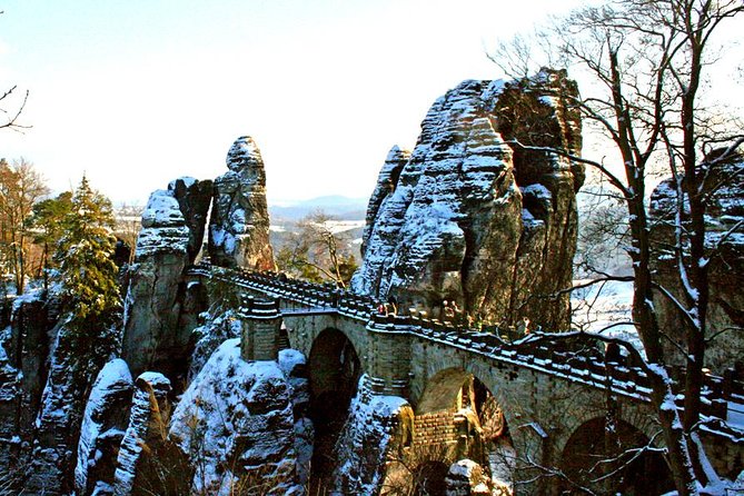 Bohemian and Saxon Switzerland All inclusive trip - Winter Tour - Neurathen Castle ruins across the bridge