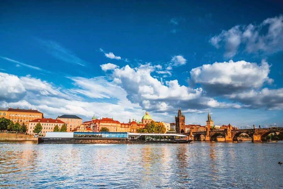 Prague: Vltava River Night Cruise with Buffet - Passing the Dancing House at night